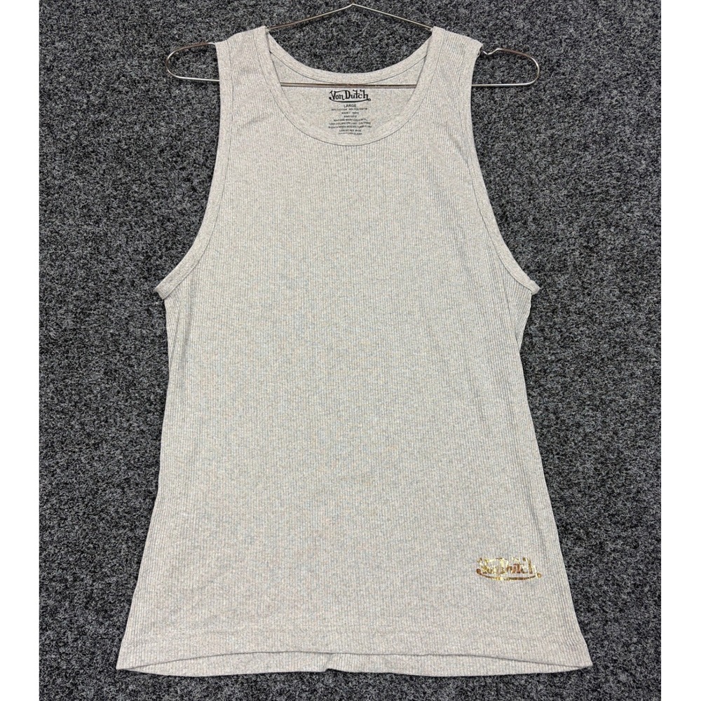 Von Dutch Tank Top Mens Large Gray Ribbed Gold Logo Y2K Streetwear Sleeveless